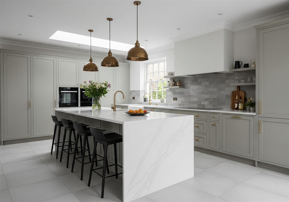 Bespoke kitchen with marble island and brass pendants